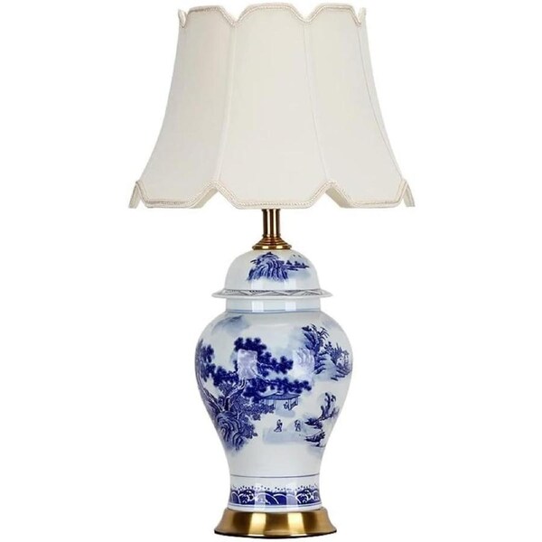 VELOCITY Traditional Large Size Ceramic Table Lamp 29.5inch Ginger Jar Nightstand Lamp with Handmade Bell Shade,Ceramic Lamp for Table,Blue