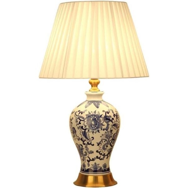 VELOCITY Lamp Table Lamps Blue and White Porcelain Bedroom Bedside Lamp Ceramics Table Lamp with Pleated Fabric Lampshade Vase Bedroom Desk Lamp Office Night Lamp