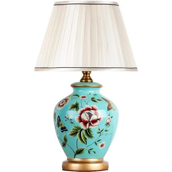 VELOCITY Lamp Table Lamps Bedroom Bedside Lamp Flower-and-Bird Painting Glazed Ceramic Table Lamp with Barrel Shape Lamp Shade Porcelain Large Oriental Ceramic Desk Lamps