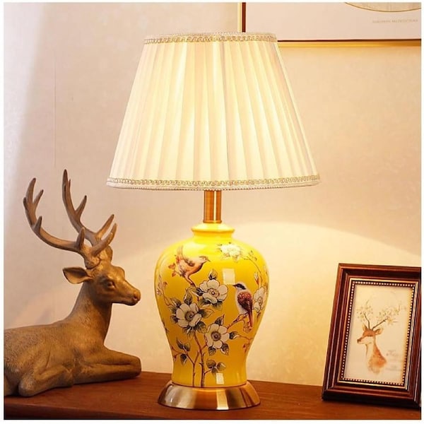 VELOCITY Lamp for Desk Ceramic Table Lamp Retro Bedroom Living Room Decoration Bedside Lamp Study Decoration Lamps Desk Led Lamp (Yellow-B)