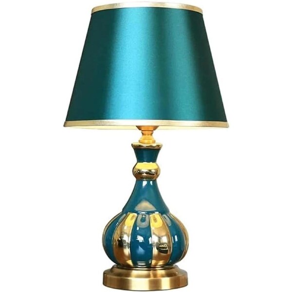 VELOCITY Shower Head Bedside Table Lamp Ceramic Table Lamp Fabric Lampshade Desk Lamp E27 Desk Light Nightstand Lamp Eye Protection Nightstand Lamp for Bedroom Shower Head (Blue-Push Button Switch)