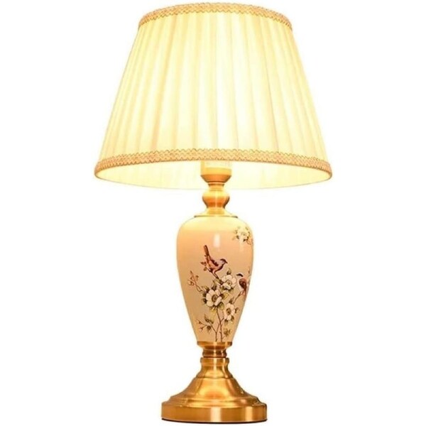 VELOCITY Shower Head Table Lamp Bedside Lamp Nightstand Lamp Ceramic Table Lamp Hand Painted Flowers and Birds Bedroom Decor Desk Metal Table Lamps with Fabric Shade(Remote Control Switch-A)