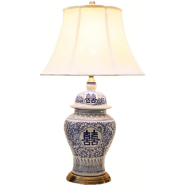 VELOCITY Lamp Ceramic Table Lamp Bedroom Bedside Lamp Blue and White Porcelain Large Ceramic Lamp with Bell Shape Lamp Shade Hand-Painted China Antique Desk Lamp