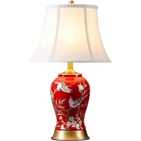VELOCITY Shower Head Bedside Table Lamp Red Ceramic Table Lamp Desktop Lamp Hand Painted Flowers and Birds for Bedroom Living Room Nightstand Lamp for Bedroom Shower Head (A-Push Button Switch)