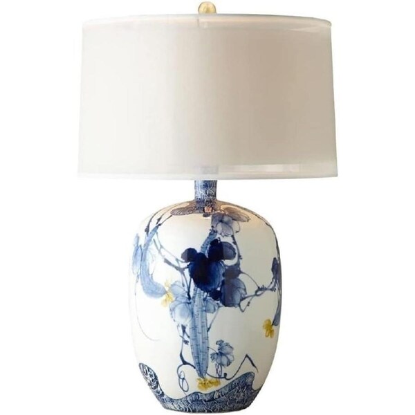 VELOCITY Chandelier Ceramic Bedside Lamp Chinese Blue and White Porcelain Table Lamp with Double Drum Shade, Modern Ginger Jar Study Lamp, E26 Base Simple Retro Bedroom Bedside Desk La