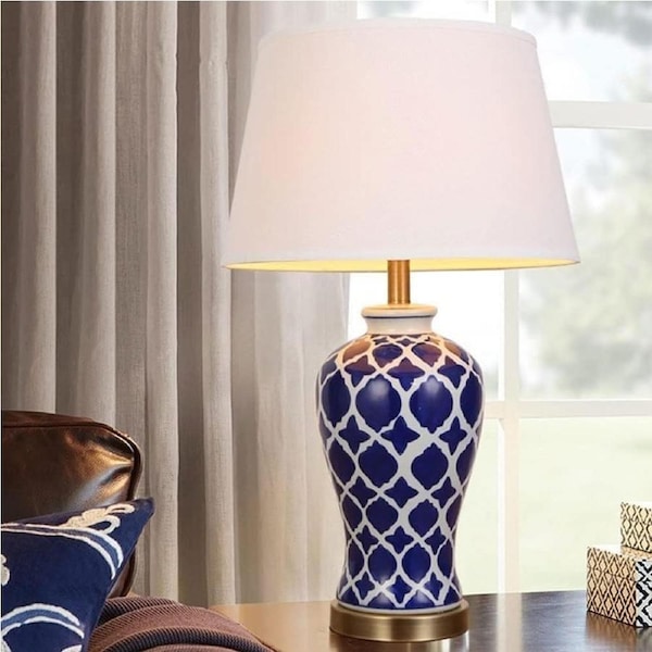 VELOCITY Lamp 62CM Modern Minimalism Large Chinese Vase Porcelain Table Lamp Blue White Classic Desk Lamps Living Room Home Office Nightstand Bedroom Bedside Lamp Desktop Light Lamp