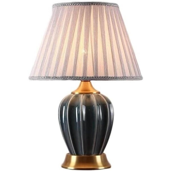 VELOCITY Lamp Table Light Nightstand Lamp Copper Ceramic Bedside Lamp Simple Decorative Nightstand Lamp Pleated Linen Lampshade Decoration for Bedroom Table Lamps (B-Push Button Switch)