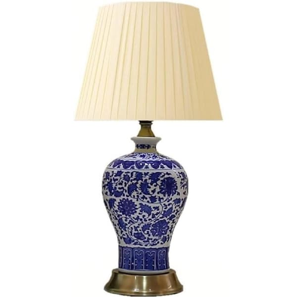 VELOCITY Lamp Nightstand Lamp Ceramic Desk Lamp Bedside Table Lamp Pleated Shade Desk Light with Metal Base Living Room Bedroom Study Farmhouse Coastal Lamps (Push Button Switch-24 * 44cm)