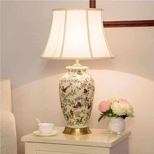 VELOCITY Lamp 27.2" American Ceramic Table Lamp Creative All-Copper Base, Hand-Painted Flowers and Birds, Living Room DeskLamp Decoration Bedside Desk Nightstand Lamp