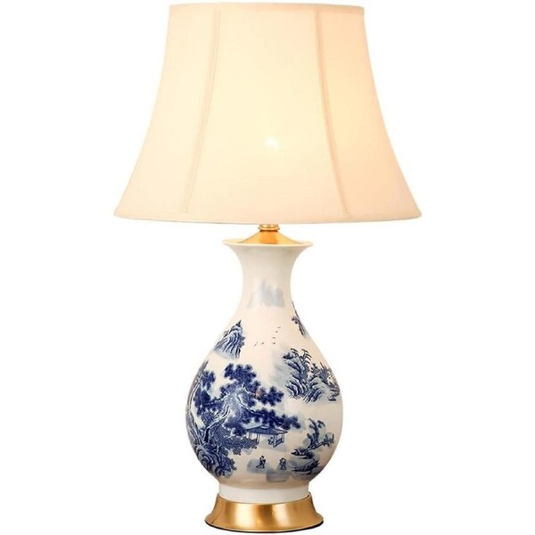 VELOCITY Lamp Table Lamps Blue and White Vase Bedroom Desk Lamp with Fabric Bell-Shaped Lampshade Chinoaserie Ceramic Table Lamps for Living Room, Study, Villa Decoration, Light Lamp