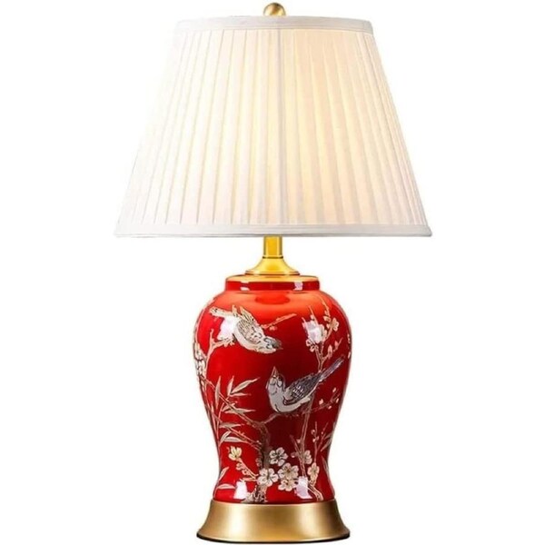 VELOCITY Shower Head Bedside Table Lamp Red Ceramic Table Lamp Desktop Lamp Hand Painted Flowers and Birds for Bedroom Living Room Nightstand Lamp for Bedroom Shower Head (B-Push Button Switch)