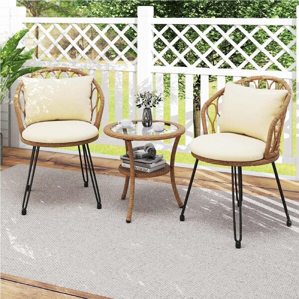 Costway 3pcs PE Wicker Patio Bistro Set Outdoor Conversation Set Tempered Glass Coffee Table & Rattan Chairs Backyard