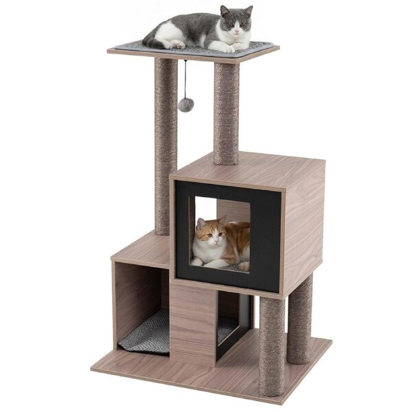 Costway 93CM Modern Cat Tree Wooden Cat Tower Sisal Scratching Posts Condo Plush Perch
