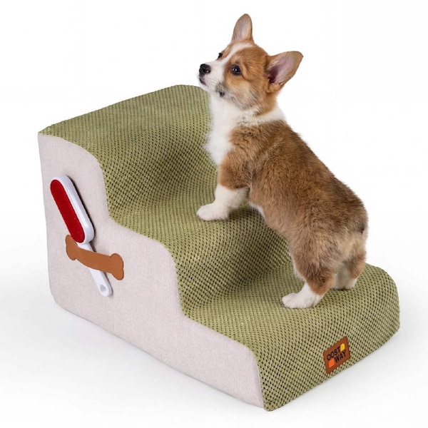 Costway Foam Dog Ramp 3 Step Stairs Pet Ladder Non-Slip Washable Soft Doggy Furniture High-Density Sofa Bed Side Green