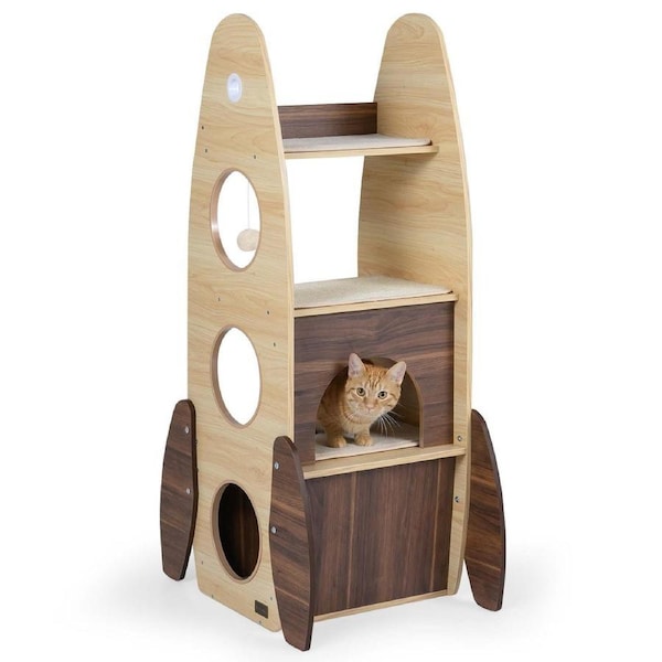 Costway 120CM Wooden Cat Tower Rocket Cat Tree 2-Storey Condo Sisal Scratching Pad Top Perch Pet Furniture