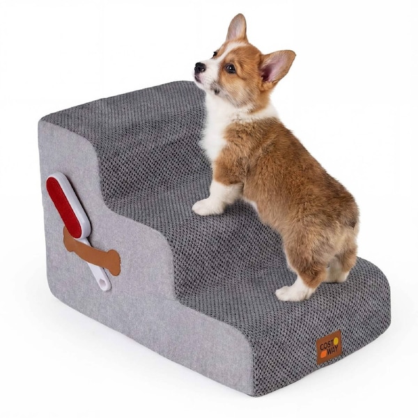 Costway Foam Dog Ramp 3 Step Stairs Pet Ladder Non-Slip Washable Soft Doggy Furniture High-Density Sofa Bed Side Grey