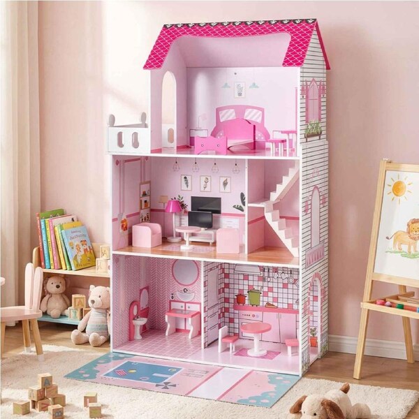 Costway 3-story Pretend Play Dollhouse Wooden Doll House Playhouse w/17-Piece Furniture/Staircase Accessories Toy Gift