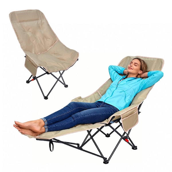 Folding Camping Recliner Outdoor Portable HeavDuty Moon Chair 3-Level Adjustable with Thick Padding Backresy t Leg Rest and Side Pocket No Tools Setup