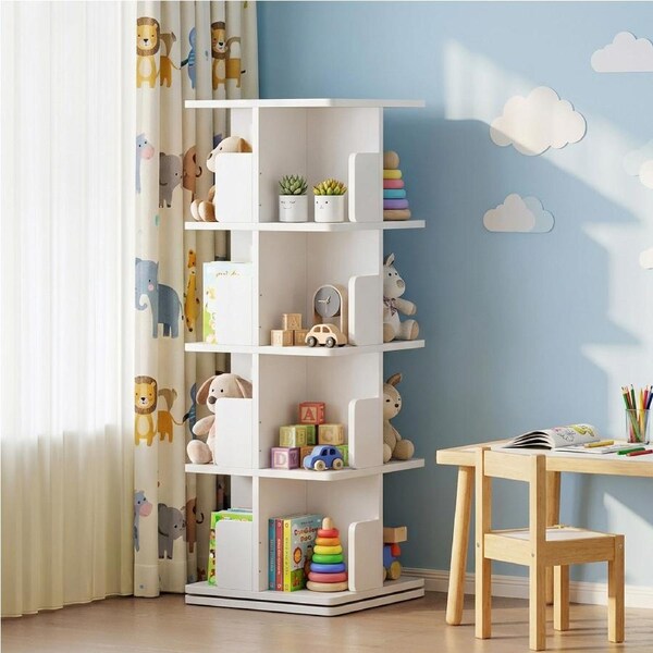 4-Tier Versatile Wooden Rotating Spinning Bookcase Corner Storage Rack Display Shelves Square White 127CM Upgraded Model