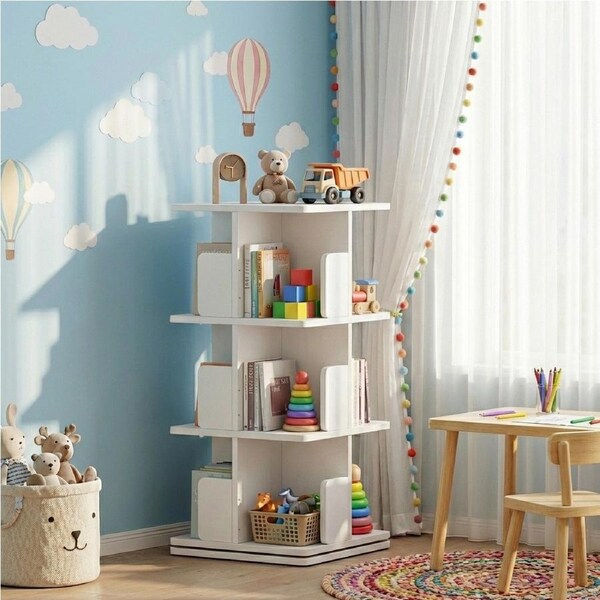 3-Tier Versatile Wooden Rotating Spinning Bookcase Corner Storage Rack Display Shelves Square White 96CM Upgraded Model