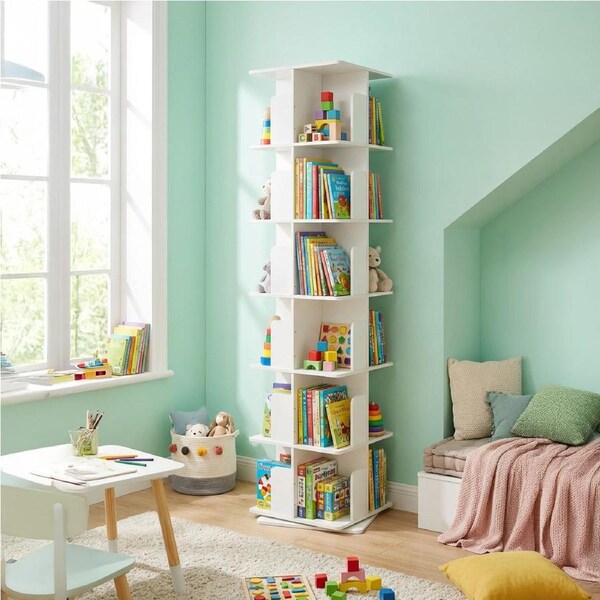 6-Tier Versatile Wooden Rotating Spinning Bookcase Corner Storage Rack Display Shelves Square White 189CM Upgraded Model