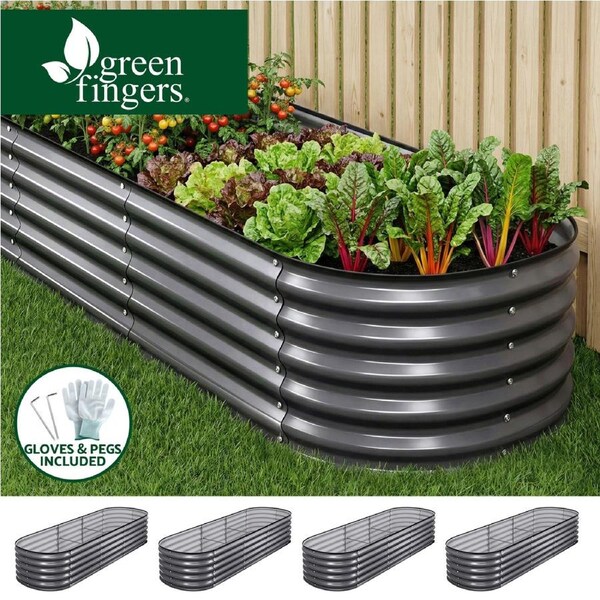 Green Fingers 4 Pcs Raised Garden Bed Kit 240x80x42cm Oval Galvanized Steel Planter Boxes Vegetables