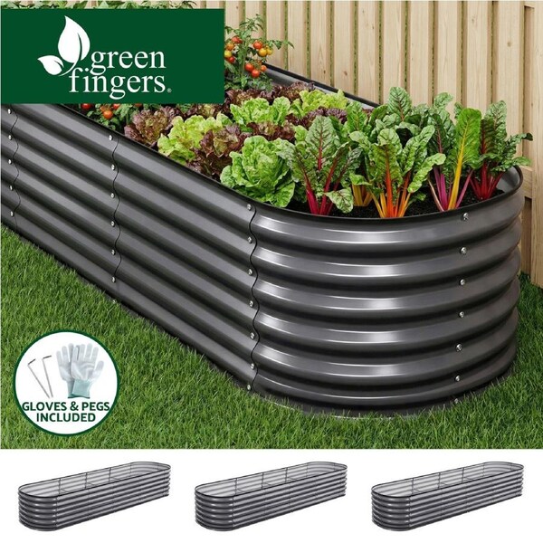 Green Fingers 3 Pcs Raised Garden Bed Kit 320x80x56cm Oval Galvanized Steel Planter Boxes Vegetables