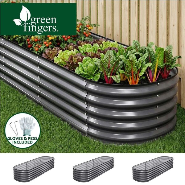 Green Fingers 3 Pcs Raised Garden Bed Kit 240x80x42cm Oval Galvanized Steel Planter Boxes Vegetables