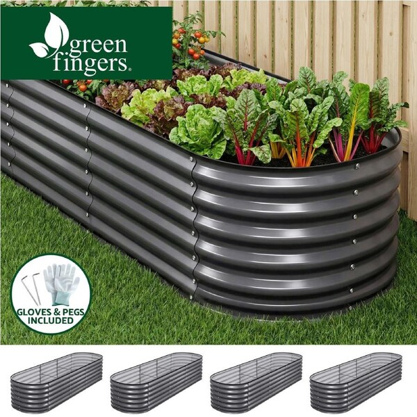 Green Fingers 4 Pcs Raised Garden Bed Kit 240x80x56cm Oval Galvanized Steel Planter Boxes Vegetables