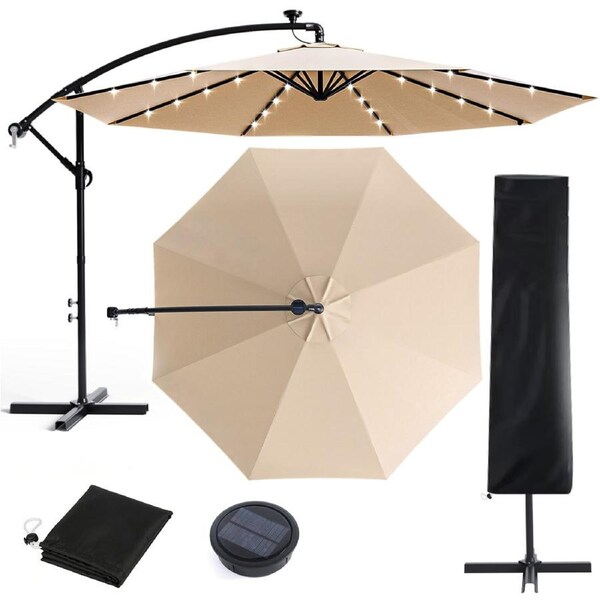 Advwin 3m Offset Hanging Cantilever Umbrella with Solar LED Lights, Beige