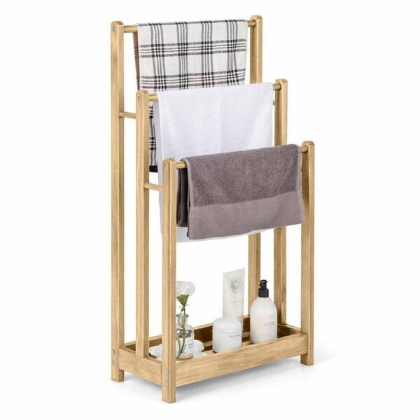 Costway Freestanding Wooden Towel Rack 3-Tier Towel Rack Holder w/Bottom Storage Shelf Natural