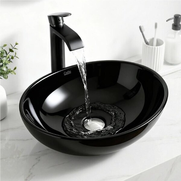 Cefito Bathroom Basin Vanity Sink Vessel Bowl Ceramic Wash Oval Countertop Black