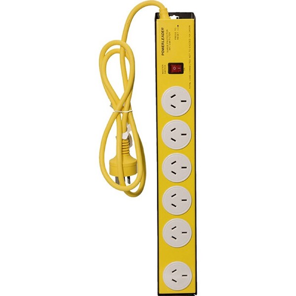 Powerleader 6 Way Metal Powerboard Yellow Heavy Duty Surge Protected Safety