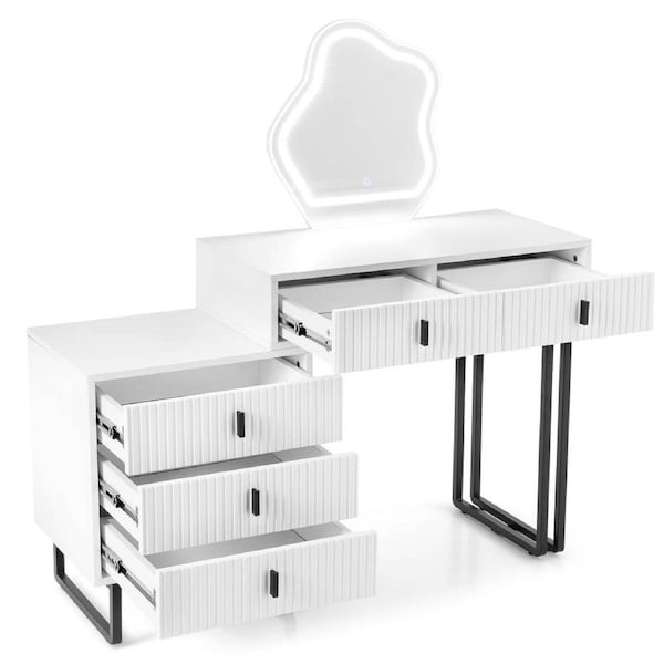 Giantex Dressing Table w/Mirror & Lights 5 Drawers Makeup Table w/ 3 Lighting Modes Adjustable Brightness Modern Vanity Desk w/ Fluted Finish & Metal Legs