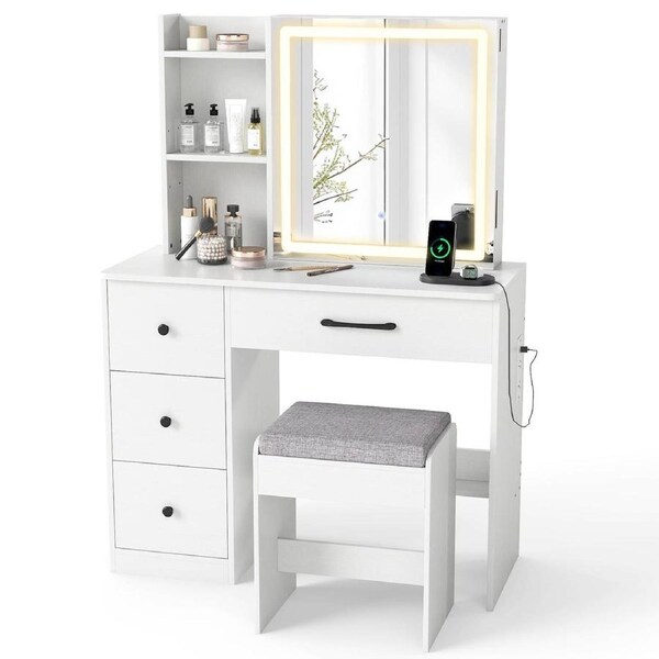 Giantex Vanity Desk w/Sliding Mirror w/4 Drawers & Adjustable Light Color & Brightness & Storage Shelves & Soft Seat Cushion Modern for Bedroom