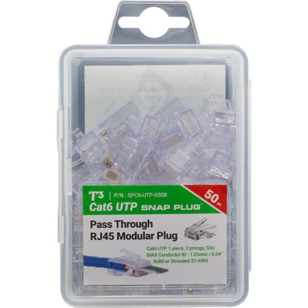 50pc T3 UTP RJ45 Cat6 Solid Snap Plug 1.00mm To 1.05mm Network Connectors