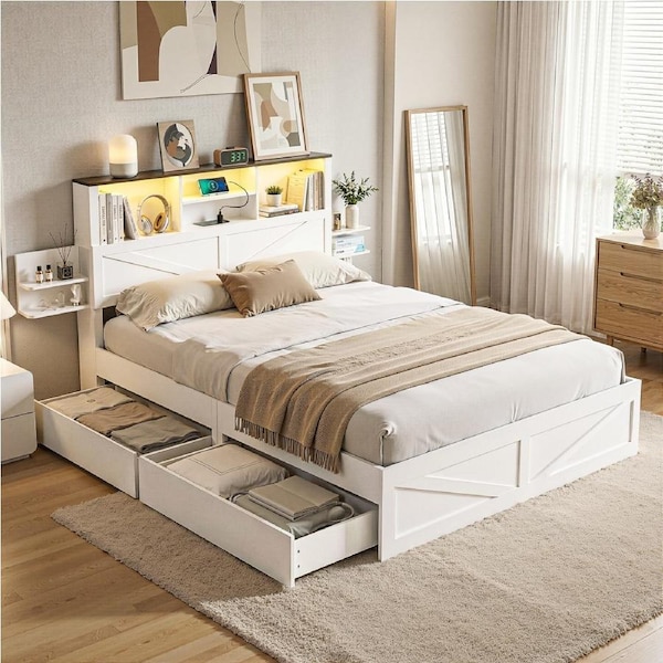Artiss Double Platform Bed Frame with Drawer Charging Station Led Light White Platform Bed White