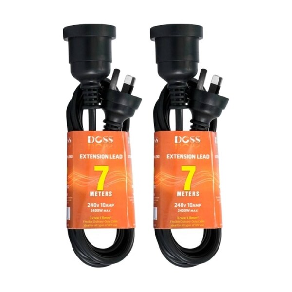 2PK Doss 7M Power Extension Lead Black 7 Metre Cord 2400W PVC Australia