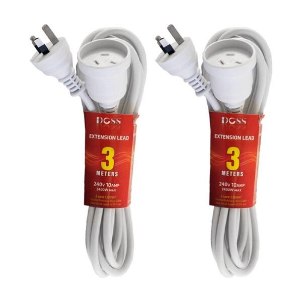 2PK Doss 3M Power Extension Lead White Cord 240V Electrical Strip 2400W