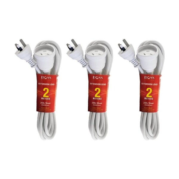3PK Doss 2M Power Extension Lead White Cord Australian 240V DOSS 2400W