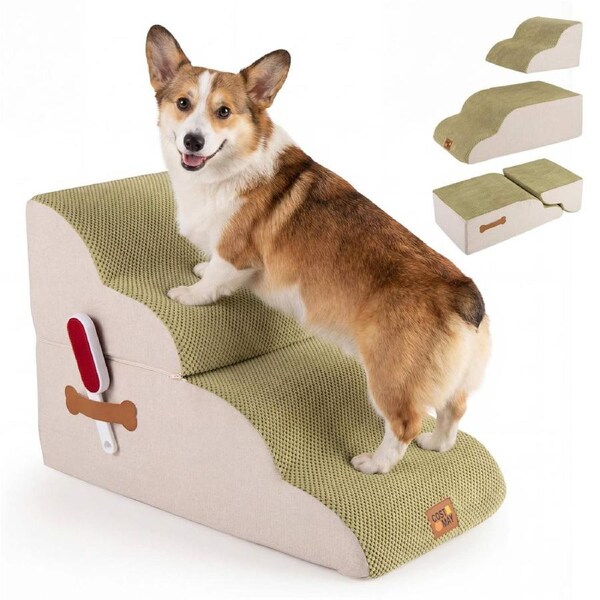 Costway Dog Pet Ramp 4 Step Stairs Modular Foam Bed Non-Slip Ladder Washable w/Lint Roller Cat Sofa Bed Couch Green