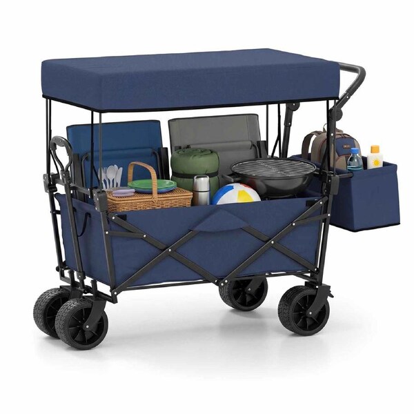 Costway Wagon Cart Folding Utility Trolley Outdoor Top Canopy Trailer Beach Camping Picnic Shopping Blue