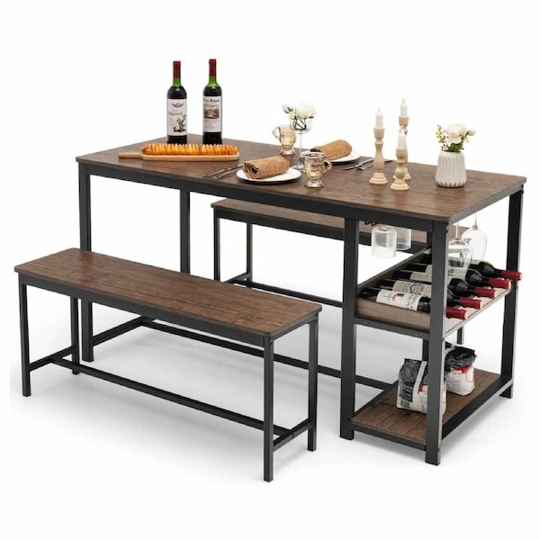 Costway 3 Piece Dining Table Set Kitchen Table & 2 Benches Glass Holder Wine Rack Storage Shelf Compact Breakfast