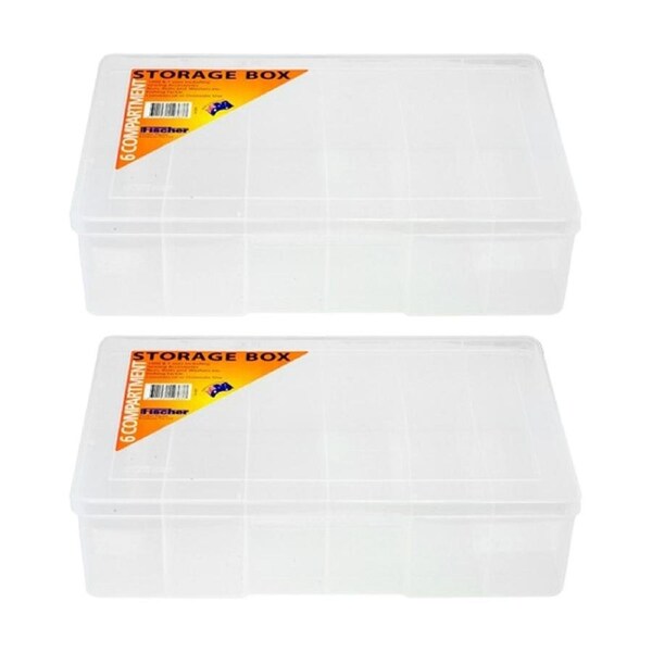 2PK Fischer Plastic 6 Compartment Storage Box Large Deep Case