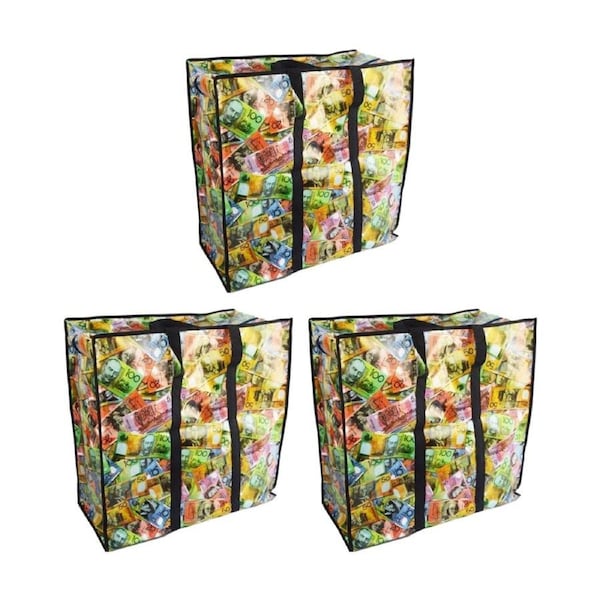 3PK Braz Large Reusable Shopping Bag W/ Zips 60x60x30cm AU Money Design