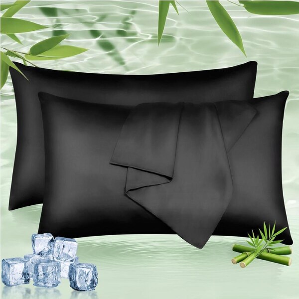 LINENOVA 100% Natural Bamboo Pillowcases Silky Soft,Luxury Pillow Cover 8 Colors for choice Queen / Black