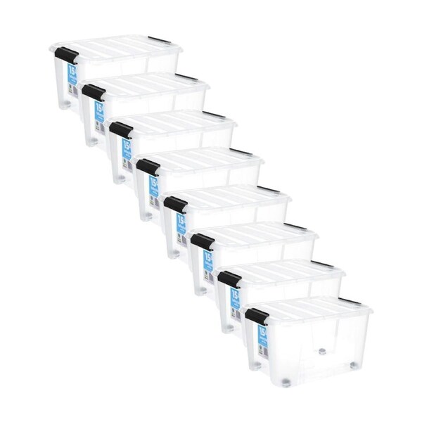 8PK Store More Plastic Storage Rolling Container Box W/ Lid Lock Clips 15L Clear