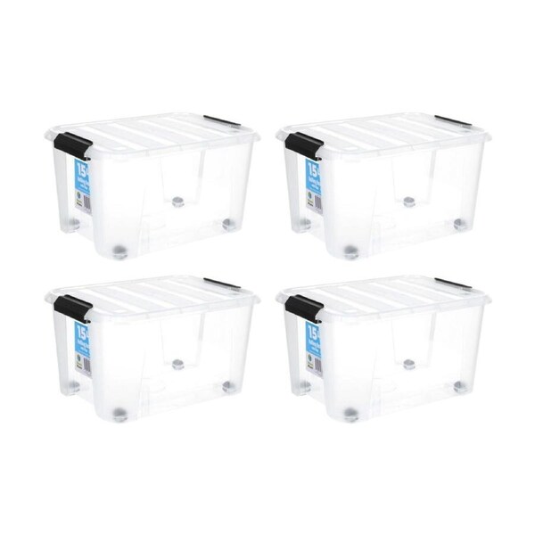 4PK Store More Plastic Storage Rolling Container Box W/ Lid Lock Clips 15L Clear