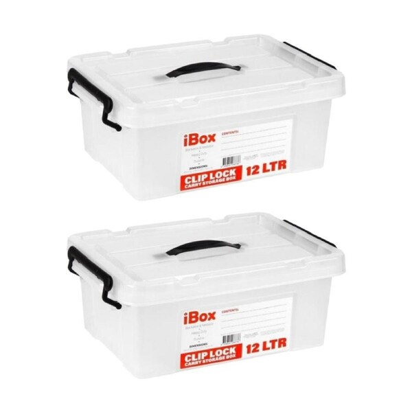 2PK iBox Plastic Storage Container Box W/ Clip Lock Lid Handle 12L Clear Assrtd
