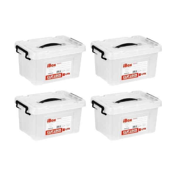 4PK iBox Plastic Storage Container Box W/ Clip Lock Lid & Handle 8L Clear Assrtd